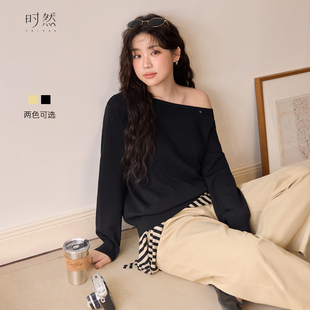 女装 长袖 纯色斜肩上衣25秋季 微胖mm显瘦慵懒风针织衫 新款 时然大码