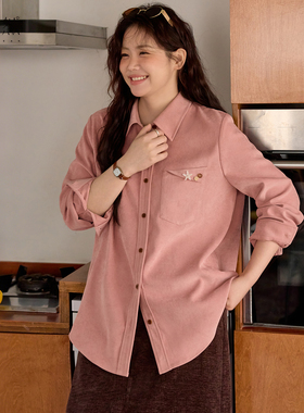 时然大码粉色衬衫微胖MM冬季新款气质长袖上衣磨毛大码衬衣马甲