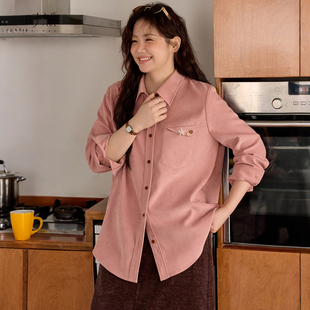 粉色衬衫 上衣磨毛大码 微胖MM冬季 气质长袖 衬衣马甲 新款 时然大码