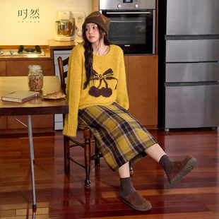 A字高腰条纹呢料半身裙 格子半裙中长款 时然大码 微胖MM2025冬新款