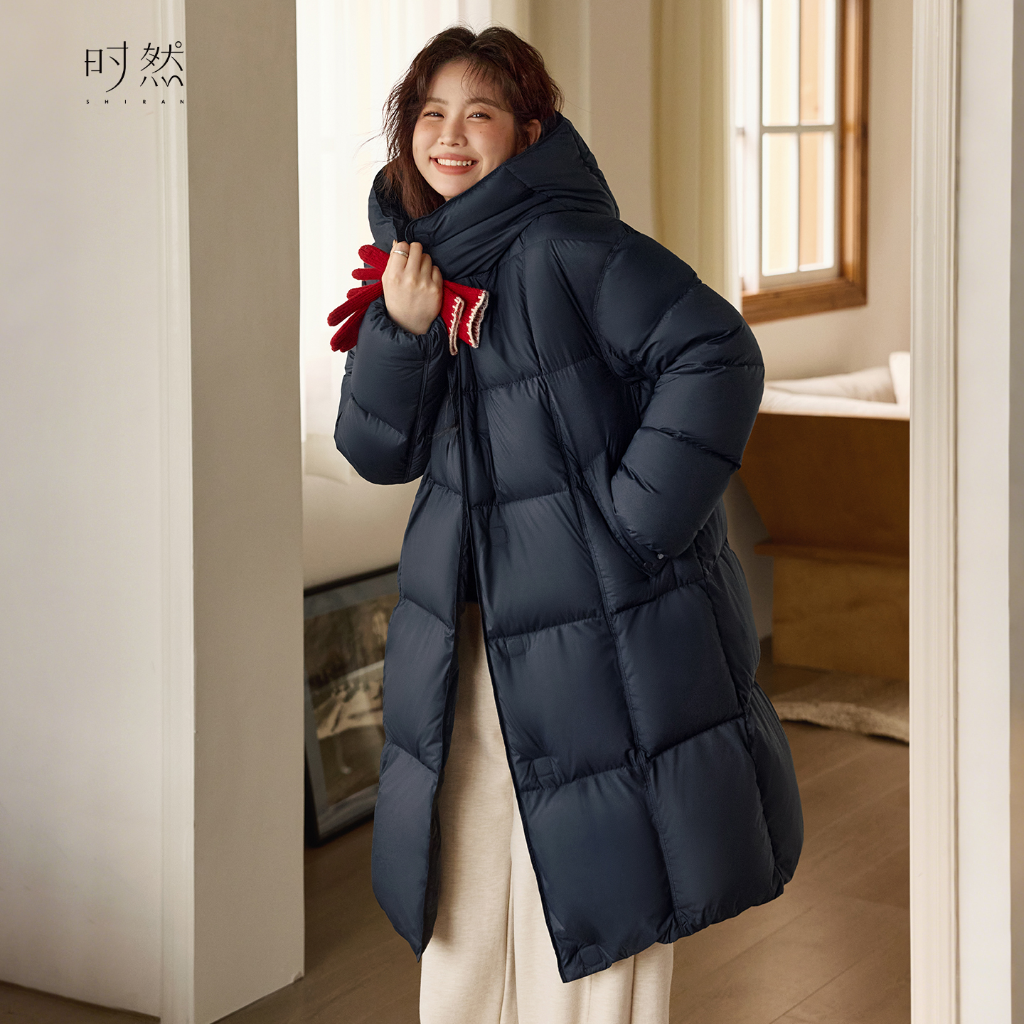 时然大码鹅绒中长款羽绒服