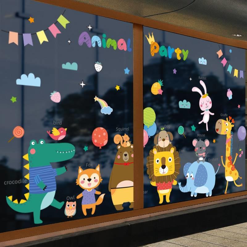 卡通动物幼儿园门贴玻璃窗贴双面贴无胶欢迎小朋友装饰画图片