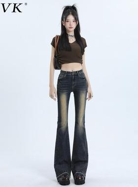 vfvk复古蓝微喇牛仔裤女设计感小个子冬季加绒裤子美式修身喇叭裤