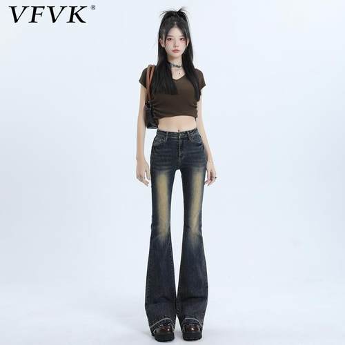 vfvk复古蓝微喇牛仔裤女设计感小个子冬季加绒裤子美式修身喇叭裤