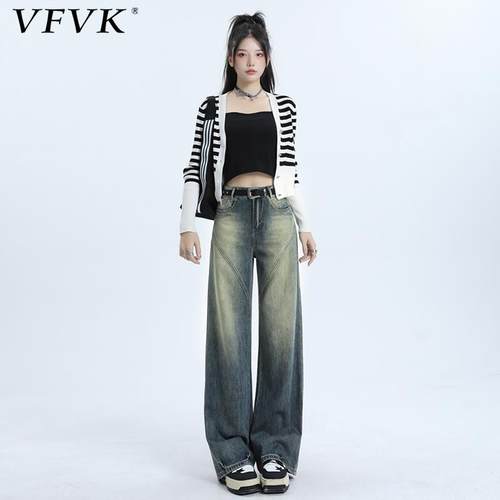 vfvk加绒牛仔裤女秋冬新款复古宽松直筒阔腿裤小个子松弛感裤子女
