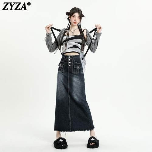 ZYZA复古牛仔半身长裙女新款英伦风做旧水洗毛边高腰A字显瘦时尚