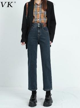 vfvk高腰直筒牛仔裤女复古2024新款秋冬小个子九分加绒裤子烟管裤