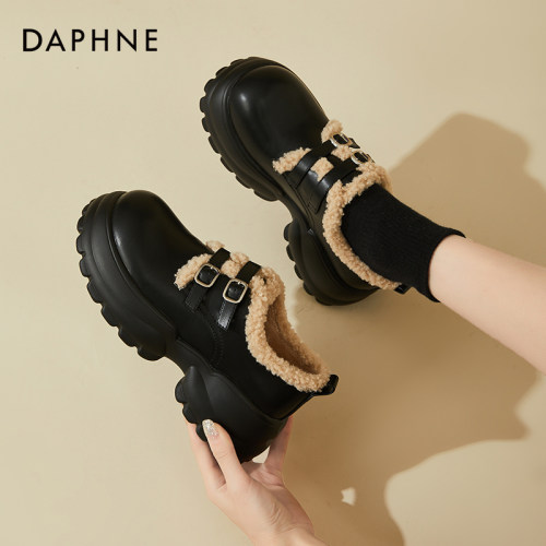 达芙妮乐福鞋女加绒2023冬季新款加厚棉鞋休闲舒适百搭厚底毛毛鞋