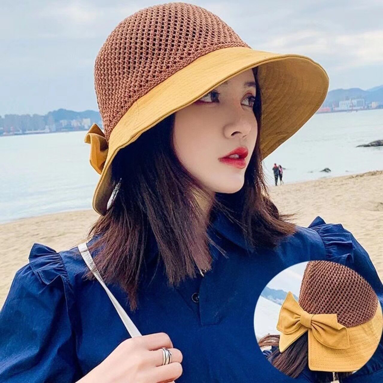 春夏韩版绸缎大蝴蝶结棉麻遮阳帽子女夏沙滩大檐帽可折叠太阳帽