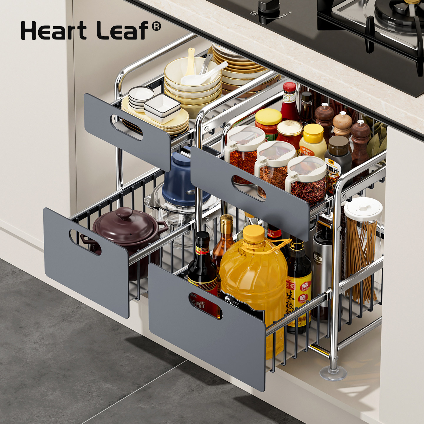 免安装厨房下水槽置物架多功能收纳架双层抽拉式锅具调料橱柜拉篮