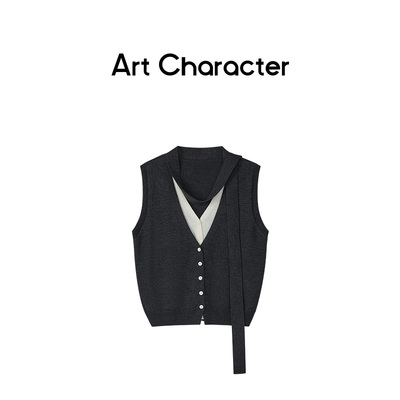 假两件羊毛V领马甲女春秋