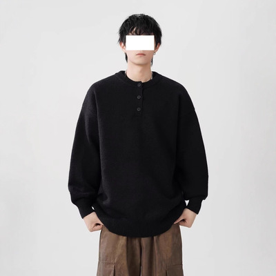 品质男装美式痞帅圆领毛衣男亨利领上衣新款秋冬季慵懒感针织衫