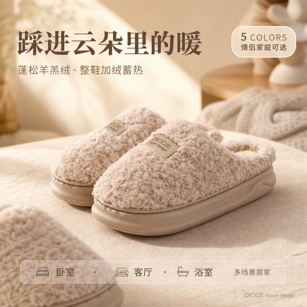 轻臣女款秋冬毛绒保暖防滑棉拖