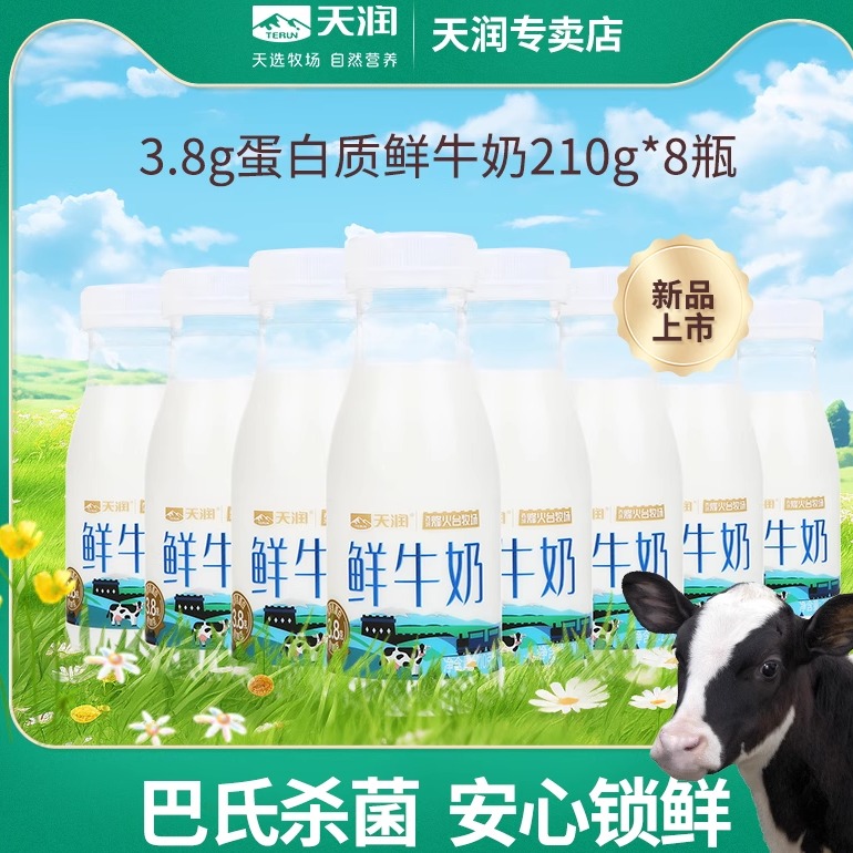 天润新疆巴氏低温灭菌鲜牛奶3.8g蛋白质早餐奶210g*8瓶起