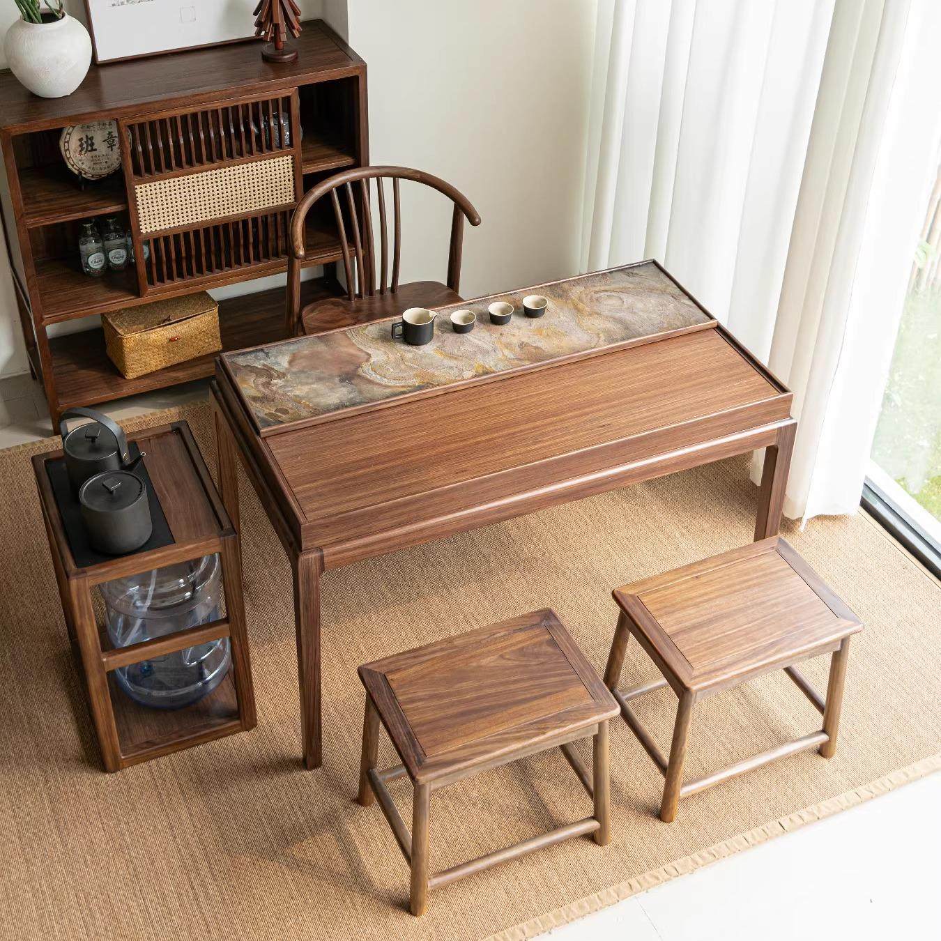北美黑胡桃木新中式实木家用阳台收纳茶台茶桌高端客厅小户型茶桌