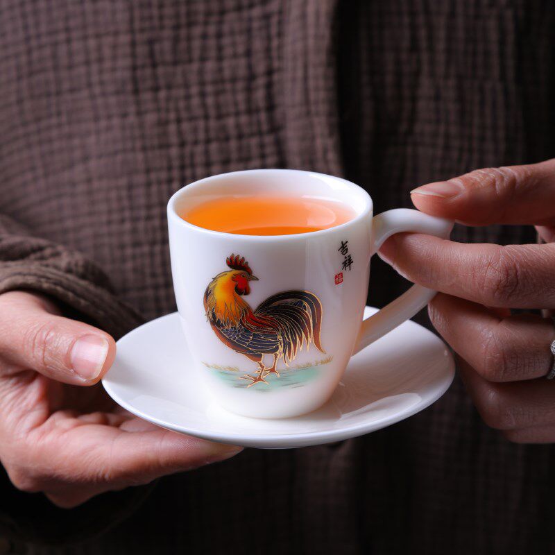 公鸡主人杯茶杯带把单杯羊脂玉白瓷个人品茗杯配杯垫单个功夫陶瓷
