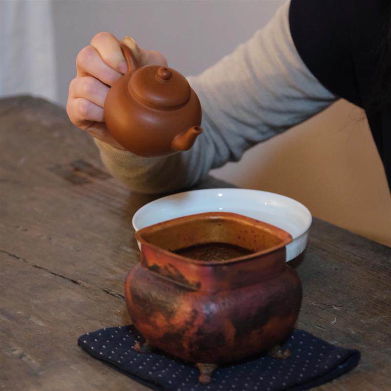 慕古 四方圆鼎铜建水 全手工锻打紫铜中式四足鼎茶洗水盂茶渣缸