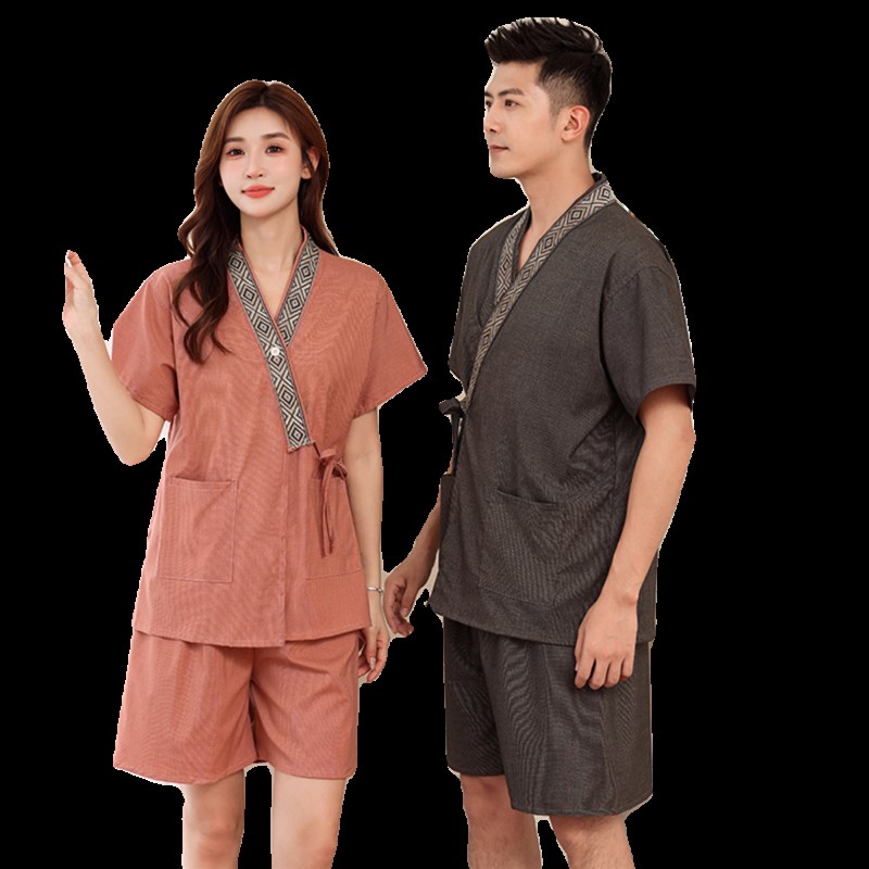 高档苎麻微弹开衫汗蒸服女大码男套装足疗家居服睡衣按摩服洗浴衣
