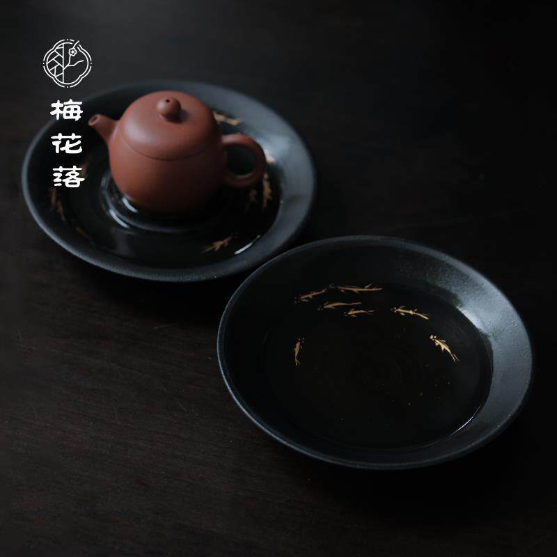 梅花落手绘小鱼壶承黑金干泡盘陶瓷碗粉引盘圆形茶托养壶盘壶托