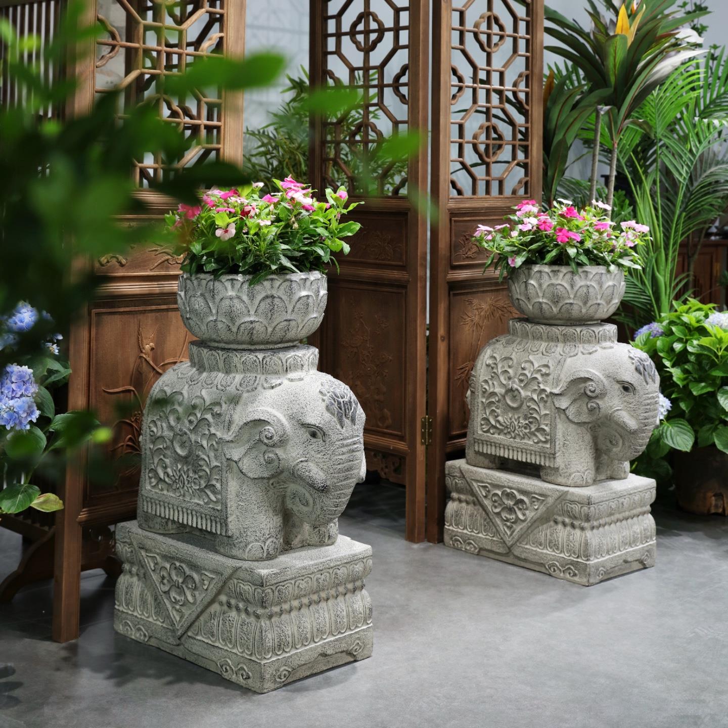 户外庭院大象一对摆件招财别墅门口花园装饰花盆仿石墩象创意盆景