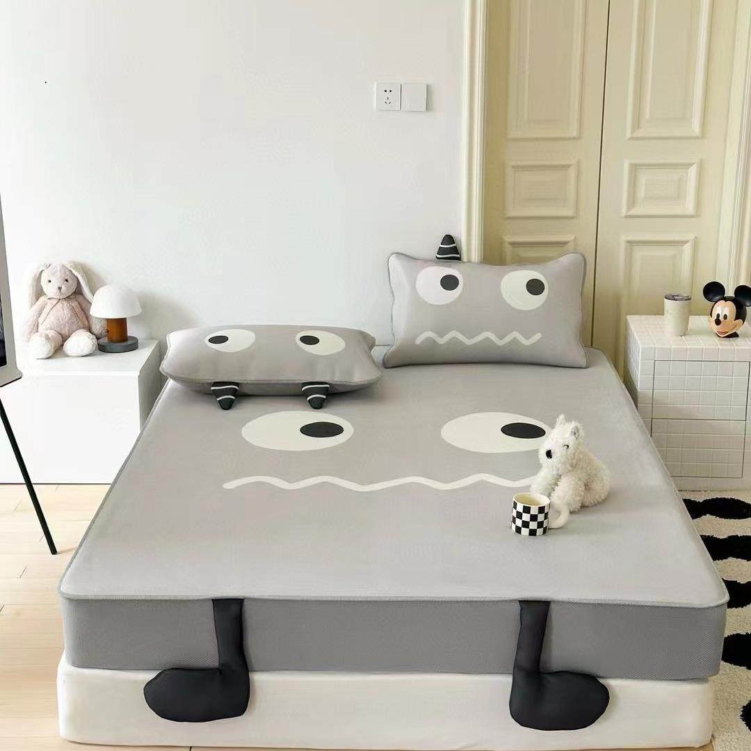 ins黑色小怪兽冰丝藤席可机洗夏凉席三件套空调凉席子床笠1.5m1.8