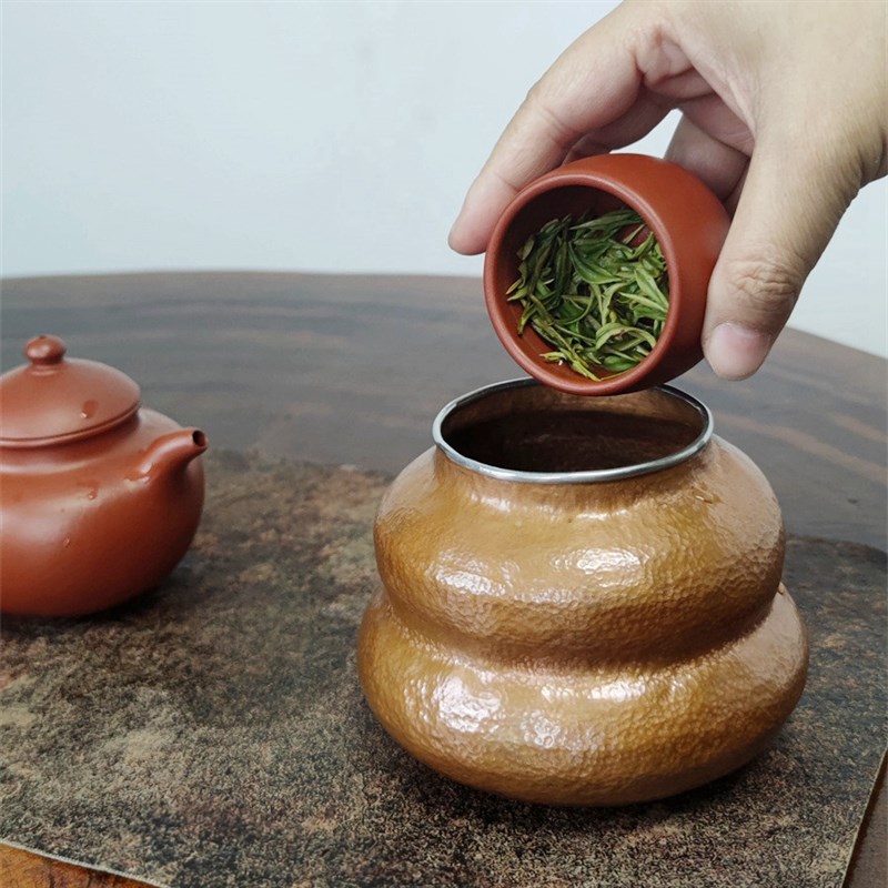 福禄紫铜手工锤纹六君子茶筒茶具收纳筒桌面茶渣桶水盂茶道配件