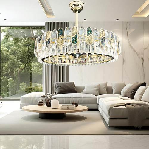 新款全光谱客厅双层水晶风扇灯六档风速变频铜电机智能语音遥控