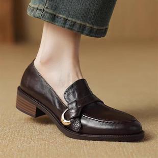 全羊皮超软女鞋软羊皮法式粗跟乐福鞋女洋气春季新款真皮英伦单鞋