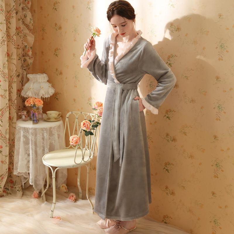 艺术生睡衣睡袍女秋冬季超长到脚踝女士磨毛珊瑚绒睡衣法兰绒长款