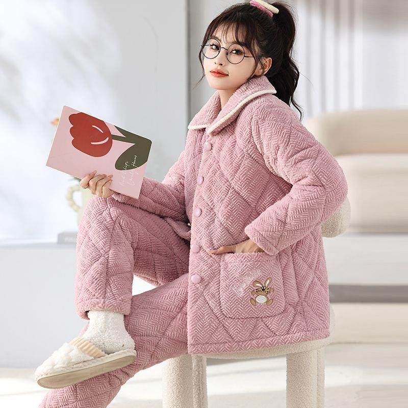 女士家居棉服睡衣女冬季三层加厚法兰绒睡衣套装秋冬天保暖珊瑚绒