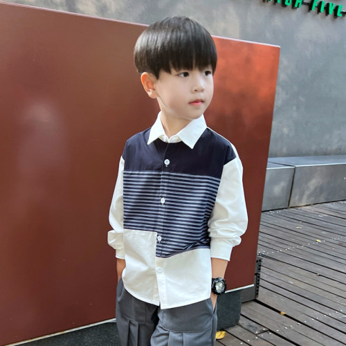 休闲春秋圆领翻领拼接条纹衬衣