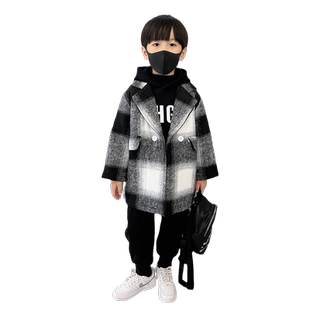 男童夹棉呢子大衣2024新款儿童中小童洋气中长款格子呢大衣外套潮