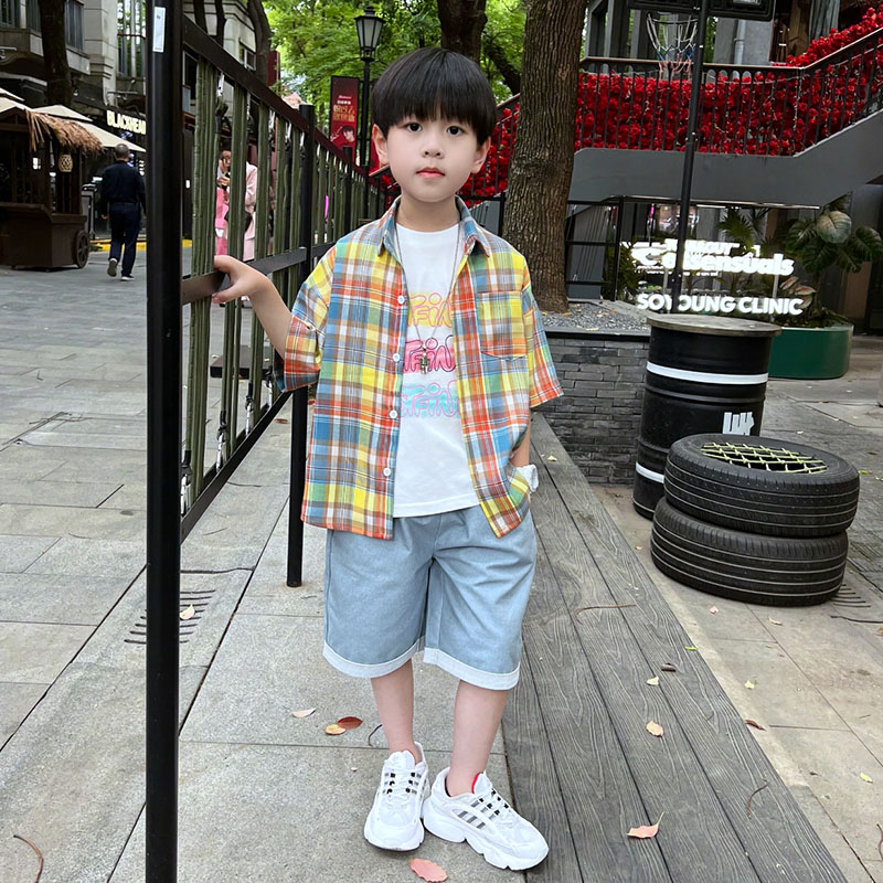 男童夏季薄款短袖格子衬衫