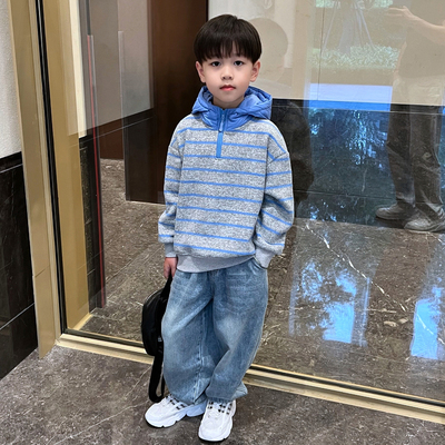 男童冬季加绒保暖条纹连帽卫衣