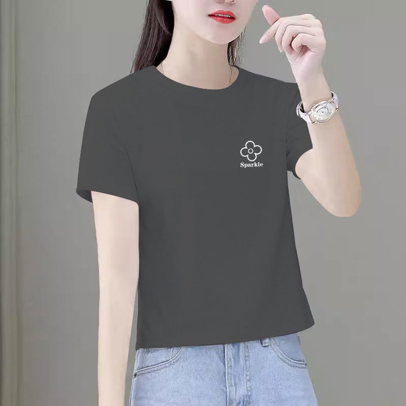 新款纯棉宽松时尚短款短袖t恤女圆领百搭夏季透气体恤小个子上衣