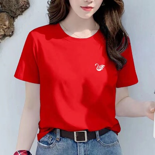 精梳棉2025夏季新款简约休闲圆领短袖T恤女宽松韩版半恤女装上衣
