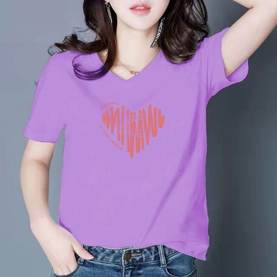 精梳棉V领鸡心领T恤女宽松短袖半