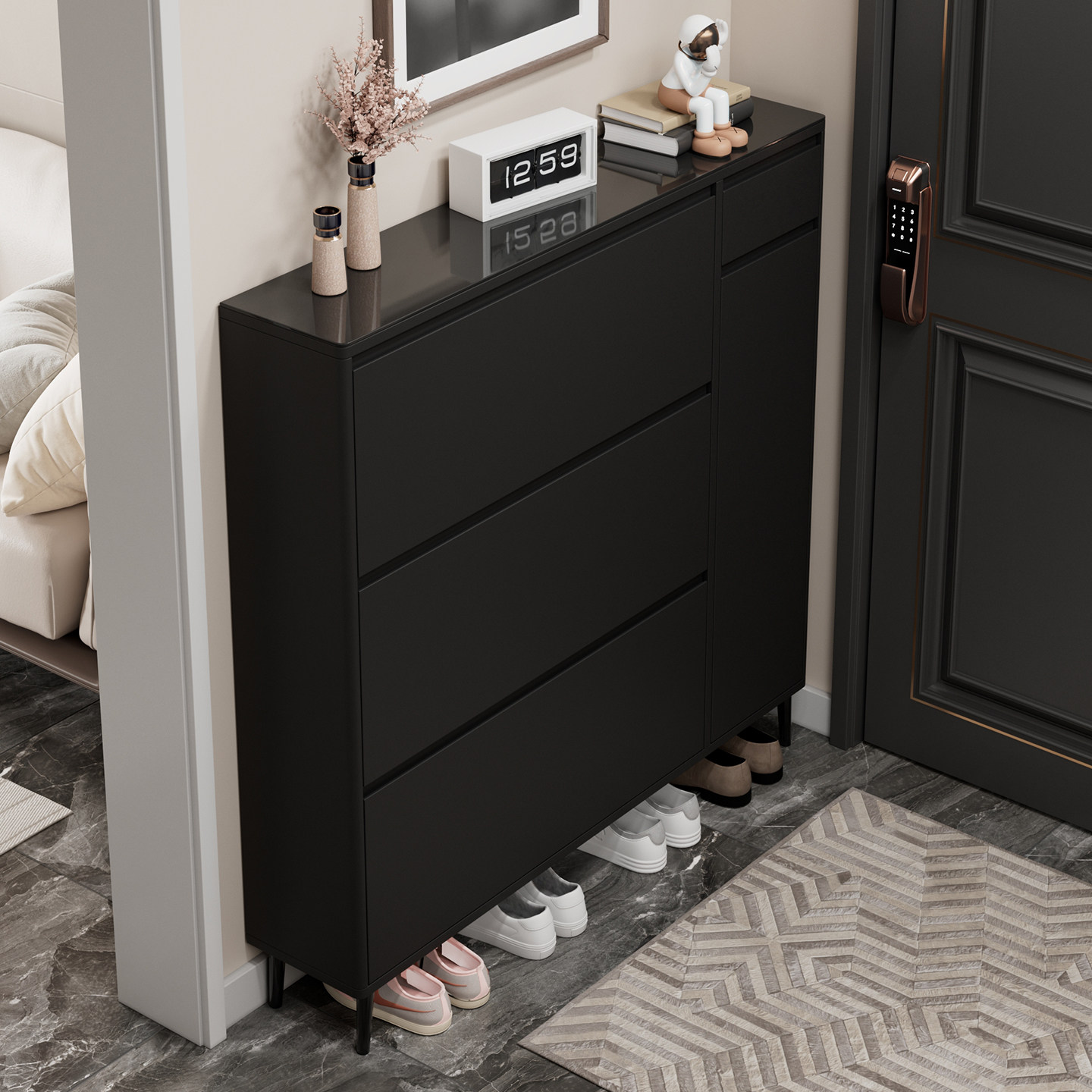 超薄翻斗鞋柜家用门口入户玄关柜简约现代大容量黑色哑光收纳柜