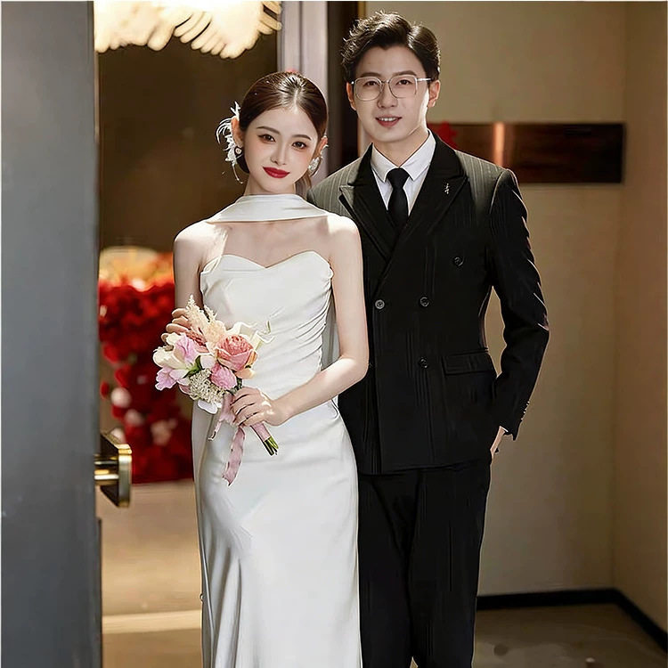 一字肩连衣裙白色连衣裙女高级感领证登记轻婚纱订婚小礼服晨袍图片