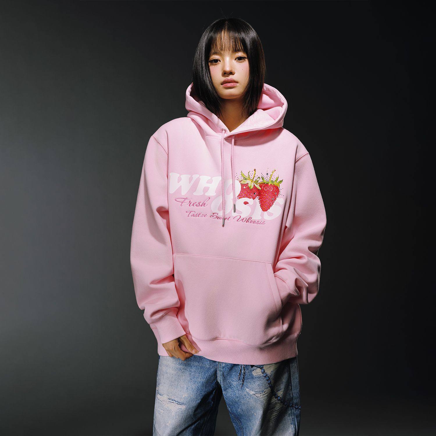 WHOOSIS(不知其名) 水果印花烫钻帽衫宽松连帽休闲秋冬百搭国潮