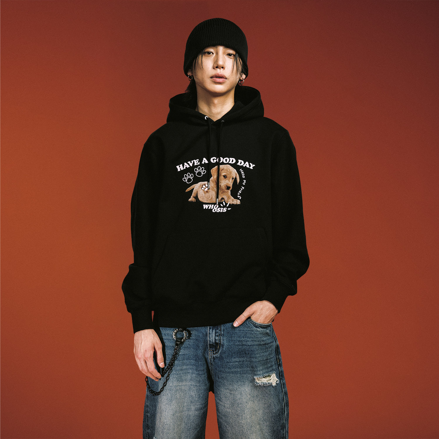 WHOOSIS(不知其名)猫狗爪子刺绣帽衫连帽卫衣秋季可爱校园男女