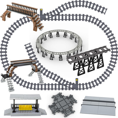 国产积木火车轨道配件十字交叉铁路岔道信号灯候车亭站台拼装玩具