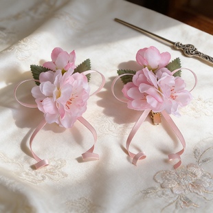 春季新款粉白色甜美樱花发夹古风绢花飘带头饰唐风明宋制边夹配饰