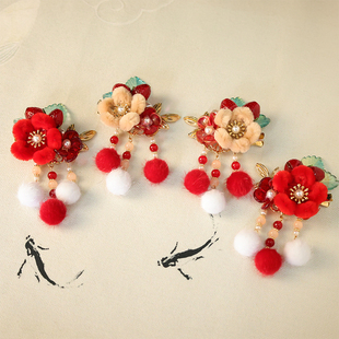 新年绒花毛球发夹女童头饰中国红色流苏新款儿童古风汉服喜庆发饰