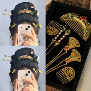 唐风复原仕女图金色发簪发钗掩鬓头饰古风汉服富贵妆造小套装配饰