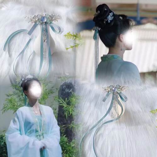 白宁安姜鹿雪宁同款如梦蓝色飘带后压超仙流苏发饰古风汉服配饰品