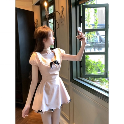 纯欲甜美短裙夏季收腰显瘦设计感少女减龄千金风蝴蝶结粉色洋装