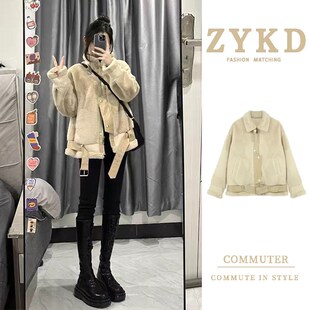 速发202新款冬天毛尚外气韩系工装加厚羊羔毛外套洋套时呢皮草外