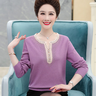 速发中老年秋装春衣衫洋气打底上衣胖妈妈长秋薄款毛袖针织小衫