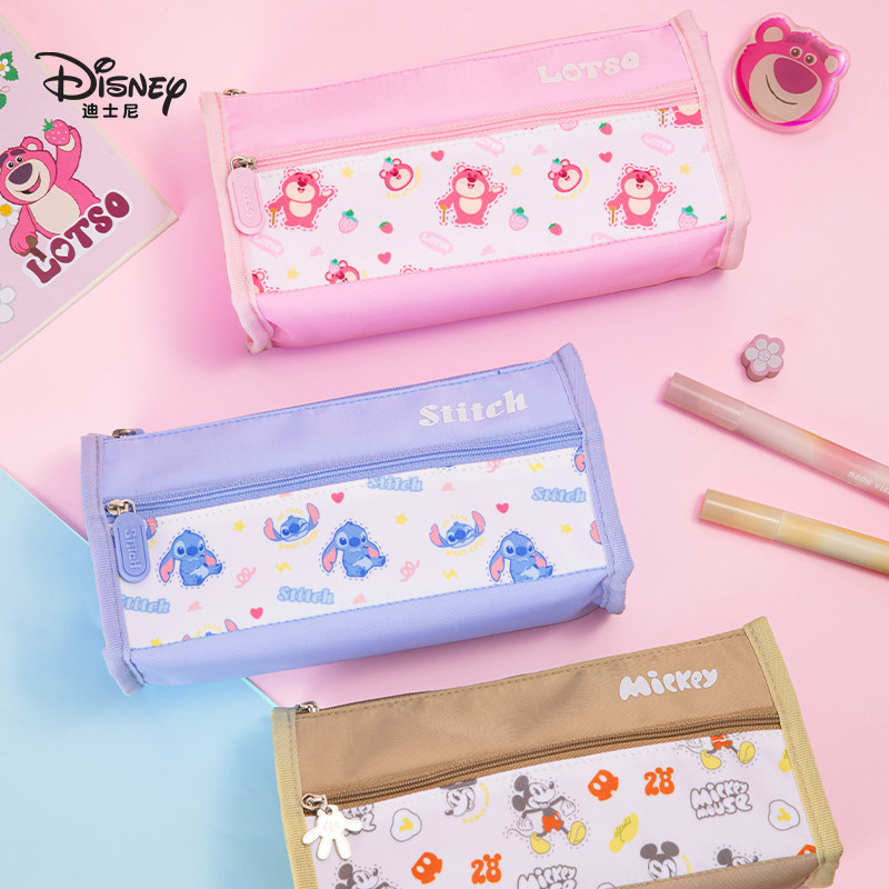 迪士尼学生双层笔袋铅笔盒高颜值可爱文具用品小学生简约史迪奇帆布文
